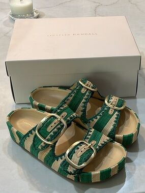 Loeffler Randall Green Striped Theo Buckle Sandals - Size 9